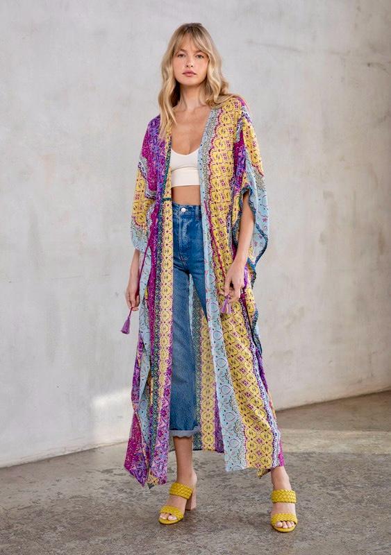 Kimono multi estampado con hilo de Lurex y amarre