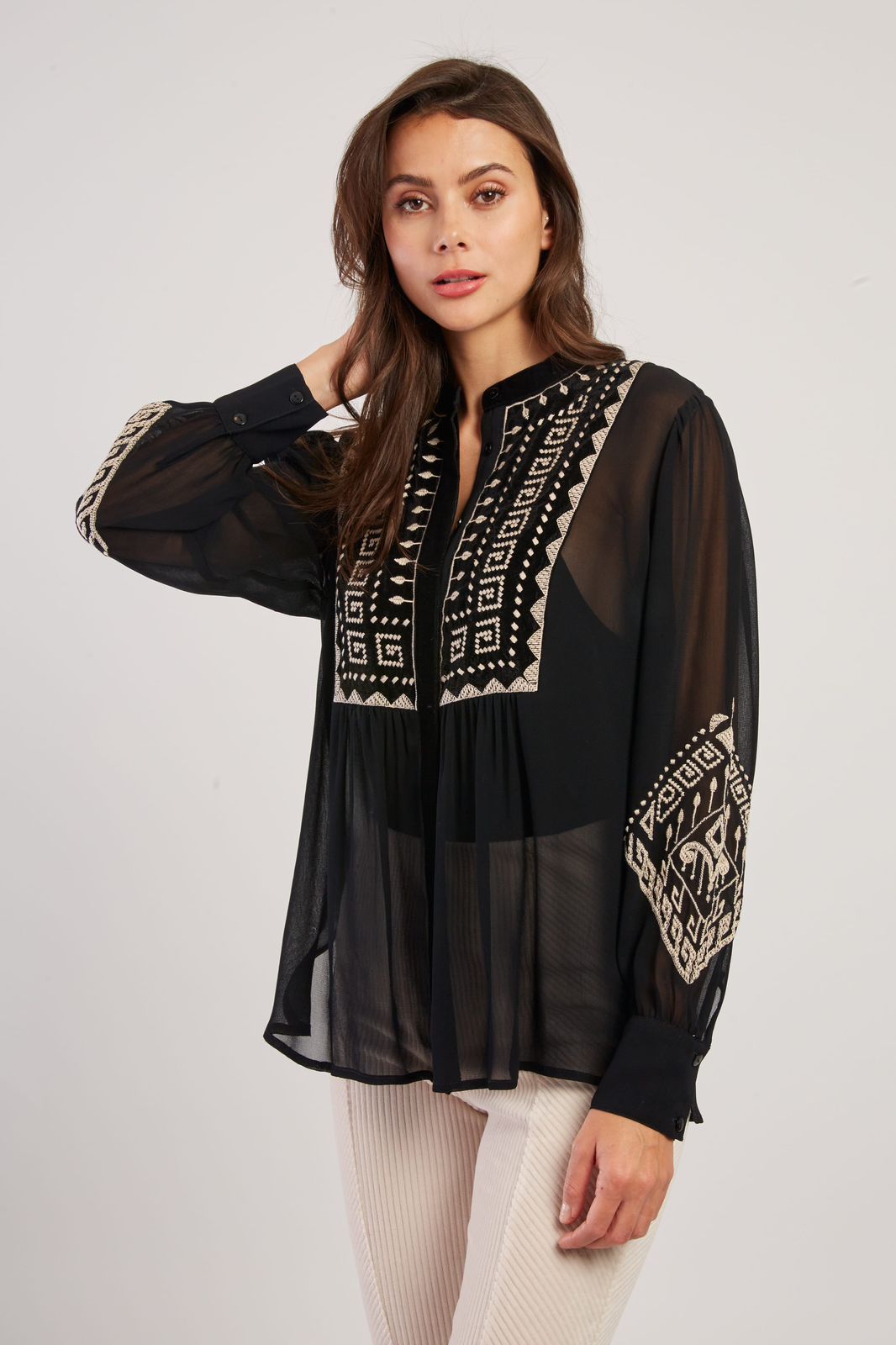 Blusa de chiffon bordada en pechera y mangas