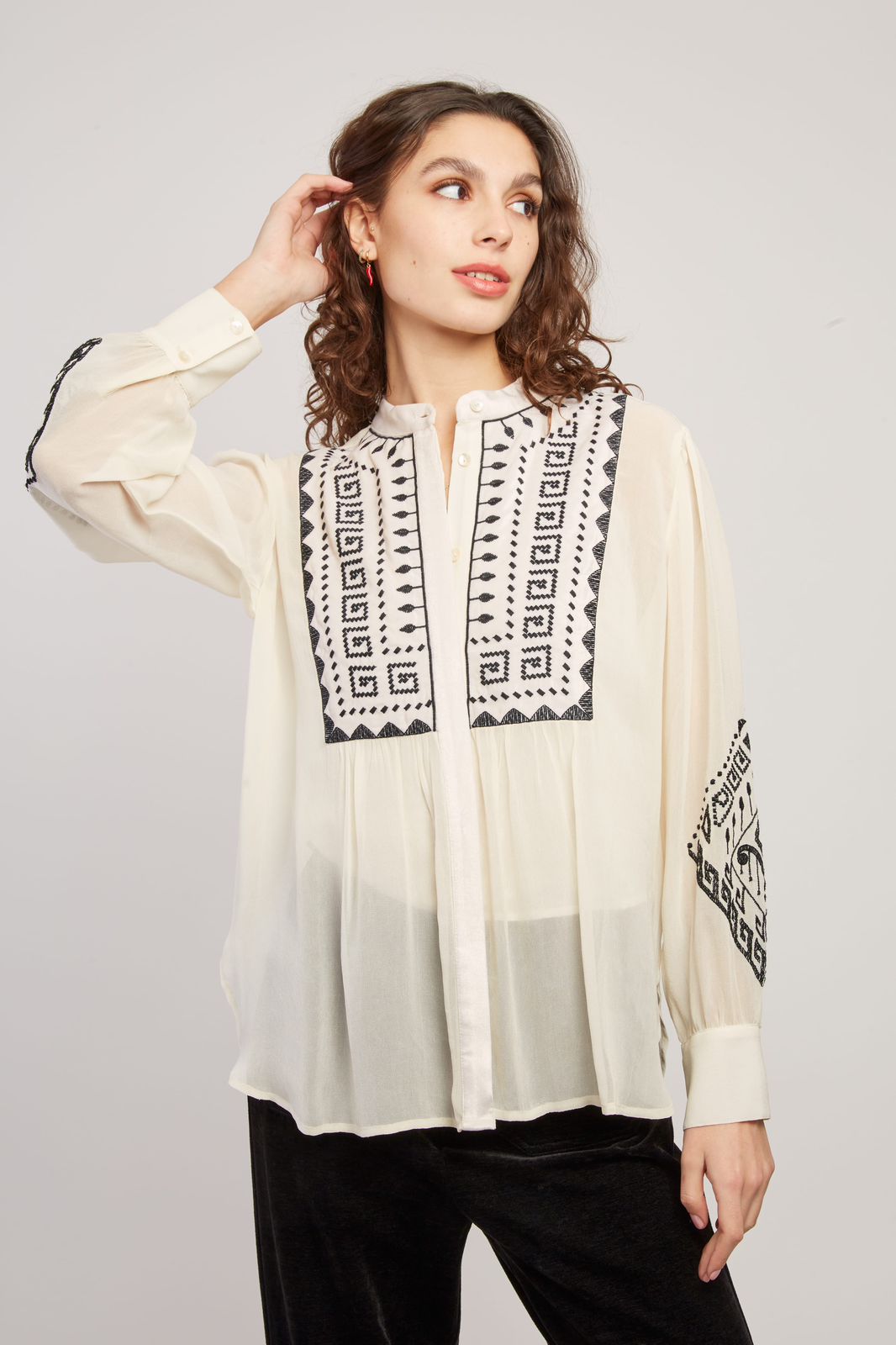 Blusa de chiffon bordada en pechera y mangas